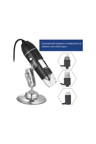 Otg Fonksiyonlu Usb Dijital Zoom Mikroskop Büyüteci, 8-led Işığı, 1600x Büyütme İle Standlı Büyüteç Siyah