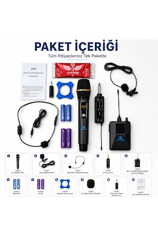 Ultratekno Uhf Kablosuz Mikrofon Seti El Yaka Çene Mikrofonlu 6.5 Mm Alıcılı 3.5 Mm Çeviricili Şarjlı Profesyonel Ses Sistemi