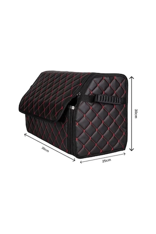 Oto Bagaj Organizeri Kapitone Deri Çanta Kırmızı Dikişli Siyah