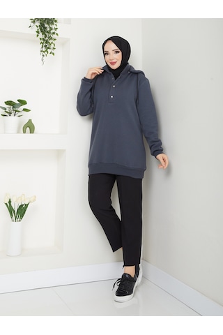 Raika Moda Kapşonlu 3 İplik Büyük Beden Tesettür Sweatshirt Antrasit
