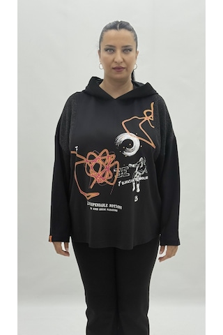 Büyük Beden Kapüşonlu Taşlı Uzun Kol Oversize Kadın Sweatshirt Siyah