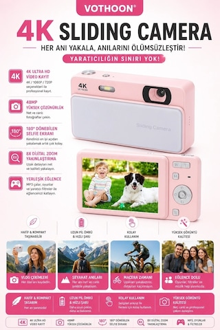 Dijital Kamera 4k Hd 48mp 8x Zoom Flaşlı Kayar Retro Video Kamera 2.4 Ekran 64gb Sd KartPembe Na Belirtilmemiş