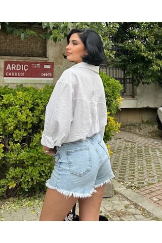 Zara Püsküllü Buz Mavi Jean Şort Buz Mavi
