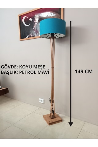 Ahşap Lambader Köşe Lambası Meşe Petrol Mavi
