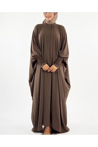 Düğme Detaylı Yarasa Kol Medine İpeği Cilbab Kahverengi