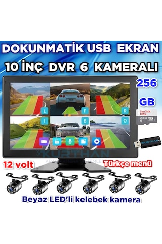 Ahd 720p Rca Beyaz Ledli Kelebek Kamera 6 Kanallı 10 İnç Dokunmatik Usb Bsd Dvr Ekran 12 Volt