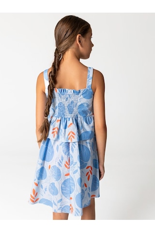 Sheshe Yaprak Desenli Pamuklu Askılı Kız Çocuk Elbise Renkli