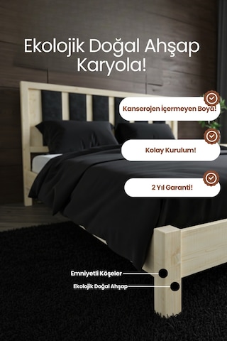 Renazzo Ori On Siyah Puf Başlıklı Masif Ahşap Karyola Natürel 120x200 Natürel - 120 X 200