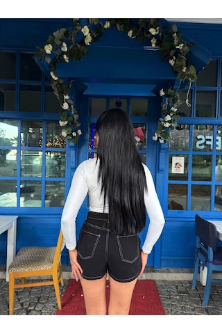 Gamzelirenklerim Kot Şort Etek Yüksek Bel Çift Kapamalı Asimetrik Önden Etek Arkadan Şort Denim Skort Siyah