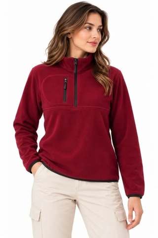 Butik İstanbul Polar Dik Yaka Yarım Fermuarlı Fermuarlı Göğüs Cepli Regular Fit Kışlık Sweatshirt - Bordo