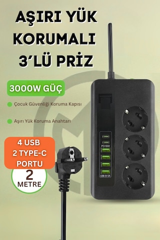 Pro P101 3x Priz 3000w Akım Korumalı 4x Usb 2x Type-c Girişli Çoklu Priz 0.2 M