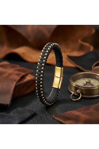 Premium Siyah Deri Ve Sarı Damla Çelik Zincirli Bileklik 31834b1d2-4 - 20 Cm Altın - Siyah