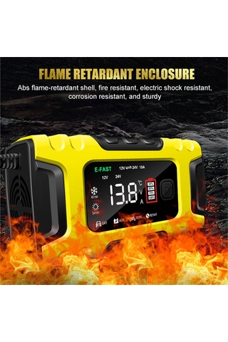 Symbee 12v/24v 10a Akıllı Akü Şarj Cihazı, Tam Otomatik 7 Aşama, Kurşun-asit/lityum Bataryalar İçin, Büyük Ekranlı, Avrupa Standartı Sarı