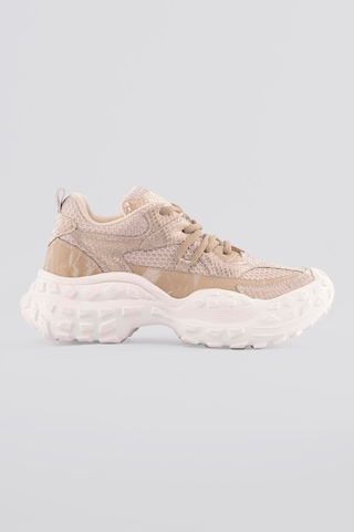 Mubiano Kadın Sneaker Kalın Taban Gold Yılan Baskı Detaylı Bağcıklı Spor Ayakkabı Stellix Bej Bej