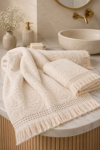 Paisley Desenli Saçaklı 2 Li Baş Ve Banyo Havlusu Seti 50x90 + 90x150 Cm - Ekru