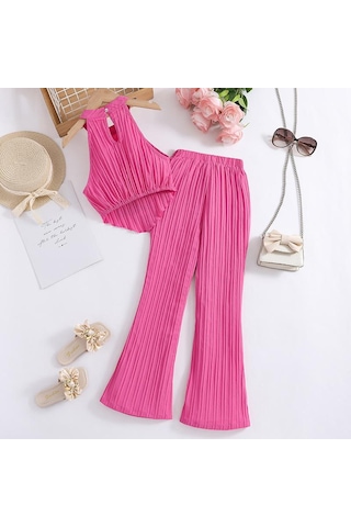 7-12y Kızlar Büyük Kız Takım Elbise Çocuk Yaz Yeni Moda Askılı Boyun Yelek Üst Dalga Şerit Pantolon 2 Adet Turuncu