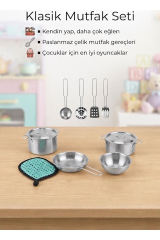 Çocuk Oyuncak Mutfak Seti 11 Parça Metal Tencere Tava Ve Mutfak Gereçleri Oyun Seti