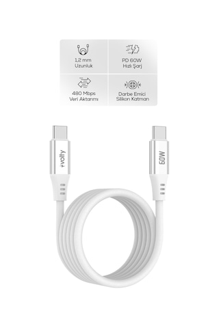Type-c To Type-c Hızlı Şarj Kablosu 60w Pd, Ultra Esnek Silikon, 480mbps, 1.2m Beyaz-v0201015