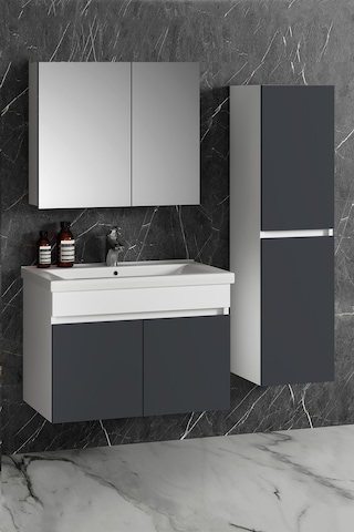 Çiğdem 80+35 Cm Beyaz-füme Balon Mdf Seramik Lavabolu Sepetli Asma Banyo Dolabı Takımı Beyaz - Füme