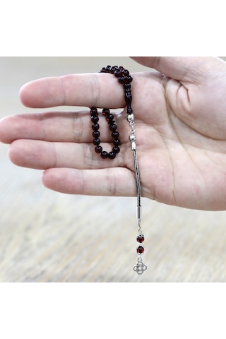 Tesbihane Damla Kehribar Tesbih - 925 Ayar Gümüş Püsküllü - Mini Boy - Koyu Kırmızı - Küre Kesim