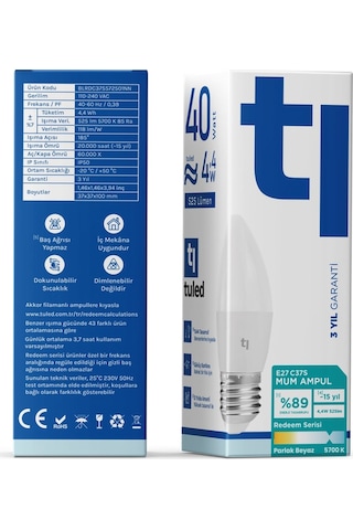 Redeem C37S E27 Mum Ampul, Titreşimsiz, Göz Konforu, 525 Lümen, Parlak Beyaz, 5700 Kelvin