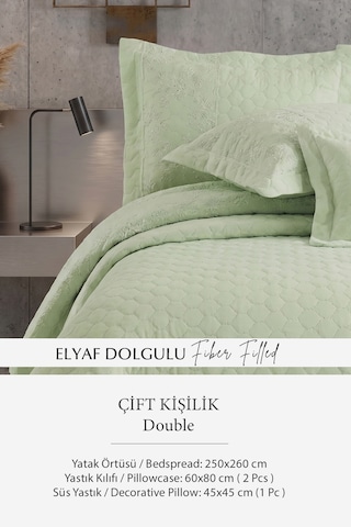 Hayal Çift Kişilik Yatak Örtüsü Dantelli Kapitone Pike Takımı Elyaf Dolgulu 4 Parça Mint