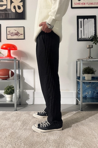 Flaw Çizgili Pileli Kumaş Pantolon-28616 Siyah