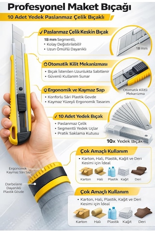 Profesyonel Maket Bıçağı, 10 Adet Yedek Paslanmaz Çelik Bıçaklı, 18 Mm Segmentli, Ergonomik Kaymaz Sarı Sap, Otomatik Kilit Mekanizmalı, Karton, Halı, Plastik, Kağıt Ve Deri İçin Çok Amaçlı Kesici.