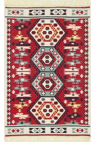 Red Cream Yıkanabilir Çift Taraflı Modern Desenli Dokuma Kilim