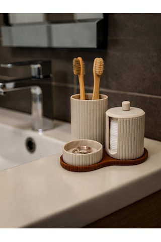 Banyo Seti 3 Parça Diş Fırçalık, Kapaklı Pamukluk Ve Takı Standı Modern Organizer Bej-kahverengi