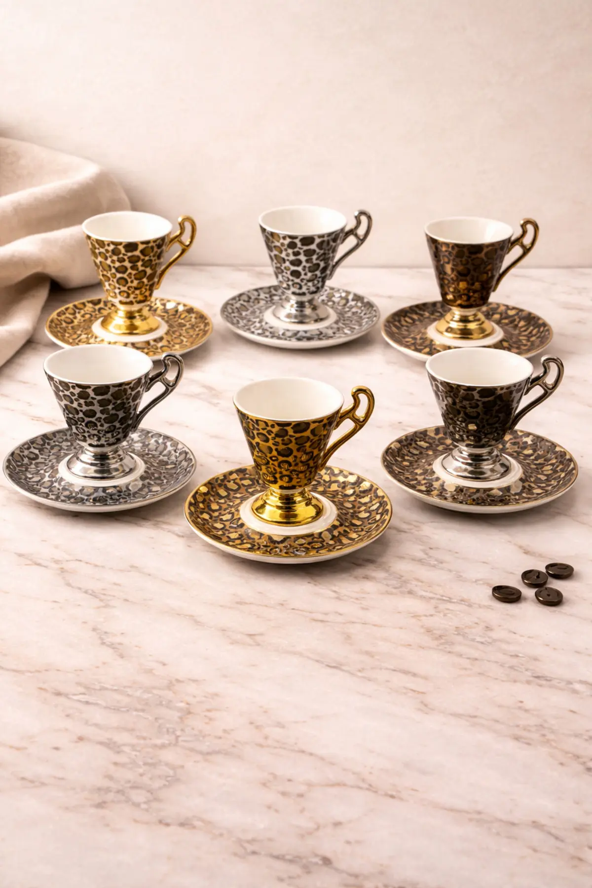 Acar Lüks 6 Kişilik Porselen Leopar Desenli Kahve Fincan Takımı Seti 100ml Çok Renkli