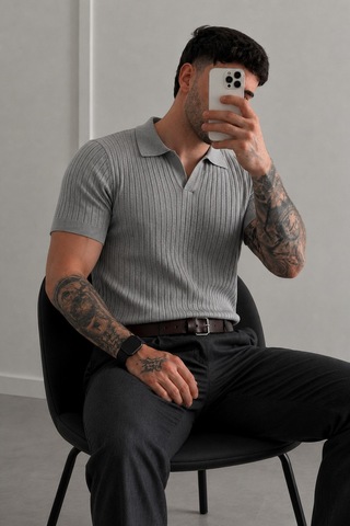Tarz Cool Premium Fitilli Triko Polo Yaka Erkek Old Money T-shirt Gri