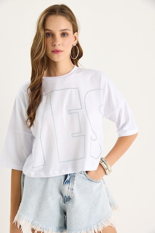 Shade Bisiklet Yaka Taş Baskılı Basic Salaş T-shirt 60602061 - Beyaz