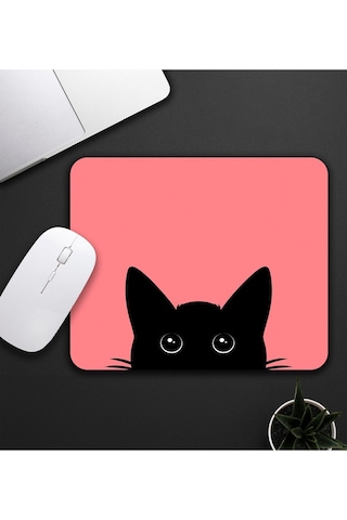 Açık Kırmızı Renk Kedi Baskılı Mouse Pad 23x19cm Fare Altlığı Kaydırmaz Taban Mousepad