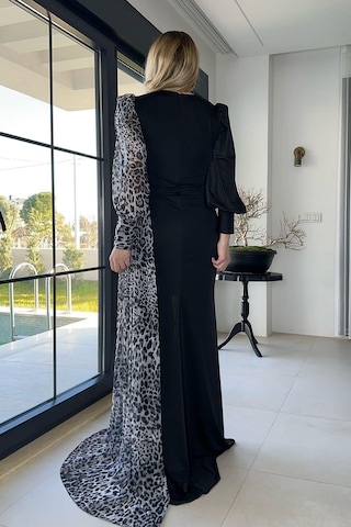 Ges Moda G1296 Leopar Detaylı Tasarım Abiye Elbise Gri Gri