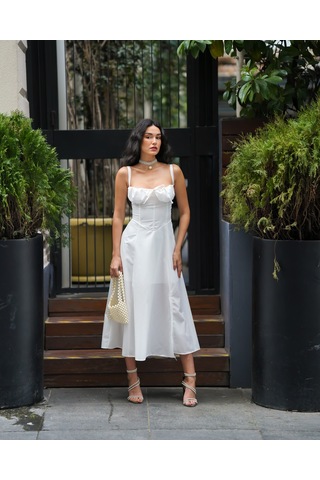 Kadın Askılı Sırt Bağlamalı Tasarım Midi Elbise Beyaz