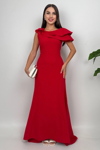 Delvira Drapeli Tek Omuz Çiçek Detaylı Uzun Kırmızı Abiye Elbise Kırmızı