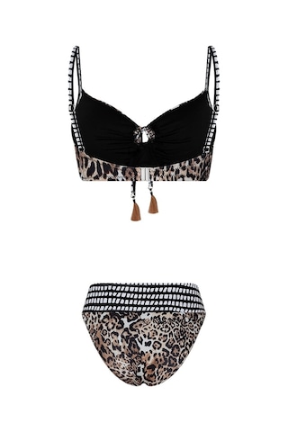 Bonesta Ozero Kahve Leopar Desenli Büzgülü Balenli Bikini Takımı Leopar