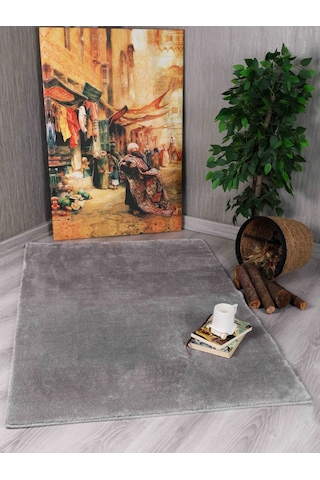 Dekoratif Puffy Peluş Yumuşak Yıkanabilir Kaymaz Taban Kesme Halı Yolluk Gri