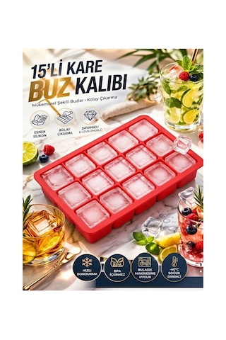 15 Bölmeli Silikon Buz Kalıbı - 15'li Silikon Kare Buzluk Kokteyl Sunum Buz Kalıbı Siyah - Kırmızı