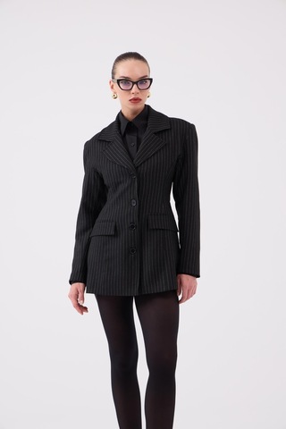 Holly Lolly Belden Oturmalı Çizgili Fit Kesim Karen Blazer Ceket Siyah