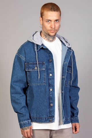 Erkek Mavi Kapüşonlu Çıkarılabilir Kapüşonlu Oversize Kot Cek... Mavi