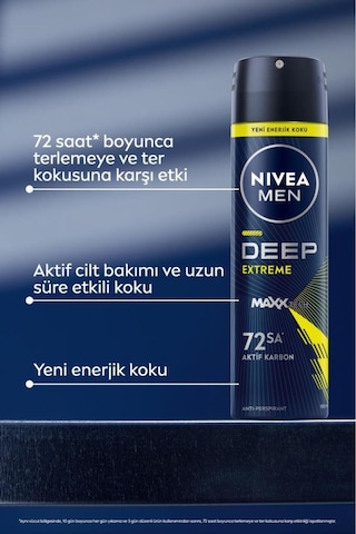 Men Erkek Sprey Deodorant Deep Extreme 150ml, 72 Saat Anti-perspirant Ter Koruma, Yeni Enerjik