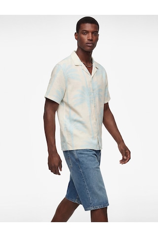 Koton Regular Fit Viskon Devrik Yaka Kısa Kollu Palmiye Desenli Gömlek Mavi Desenli 6sam60084nw