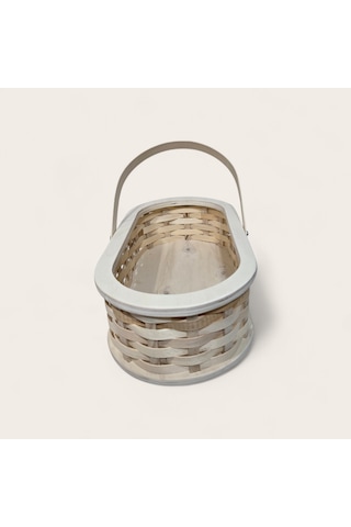 El İşçiliği Ahşap Örgü Sepet (Oval, Saplı) Orta Boy (31 x 16 x 10 cm)