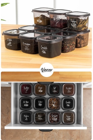 Vienev 15li Süper Set Baharat Saklama Kabı Seti Avantajlı Paket 5x 0,40, 0,45, 0,55 L Etiketli Şeffaf