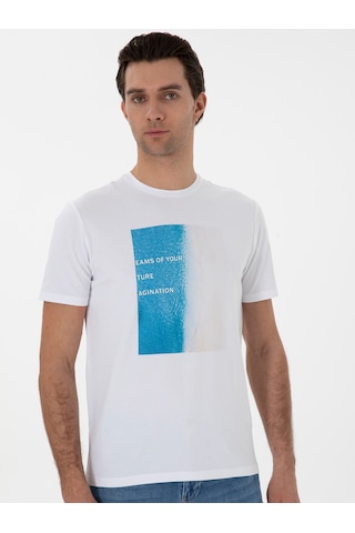 Beyaz Regular Fit Bisiklet Yaka Desenli T-shirt