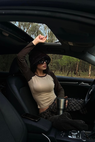 Kahverengi Raglan Kollu Gri Melanj Basic Y2k Uzun Kollu Crop-17730 Gri Melanj