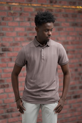 Regular Fit Likralı Kendinden Çizgili Polo Yaka T-shirt Vizon