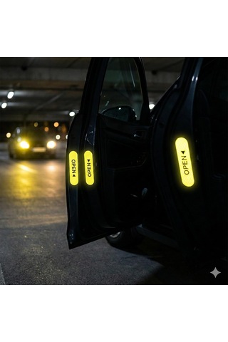 Reflektif Araç Kapı Uyarı Stickerı 2'li Set Gece Görünür Güvenlik Bandı Yapışkanlı, Suya Dayanıklı, Open Yazılı Kapı Açılınca Uyarı Etiketi Sarı Renk